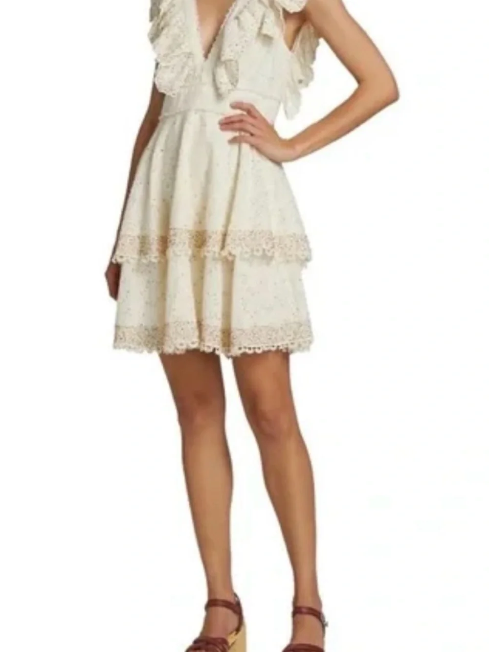 FARM Rio Ivory Eyelet Ruffle V-Neck Dress with Multicolor Beaded Dots - Picture 6 of 16